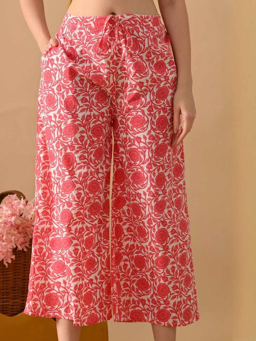 Dhimhi Women's White & Pink Pure Cotton Floral Printed Kurta Set With Palazzos & Dupatta