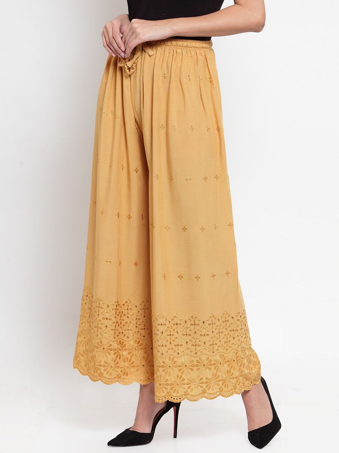 Dhimhi Women's Yellow Floral Embroidered Flared Knitted Ethnic Palazzos