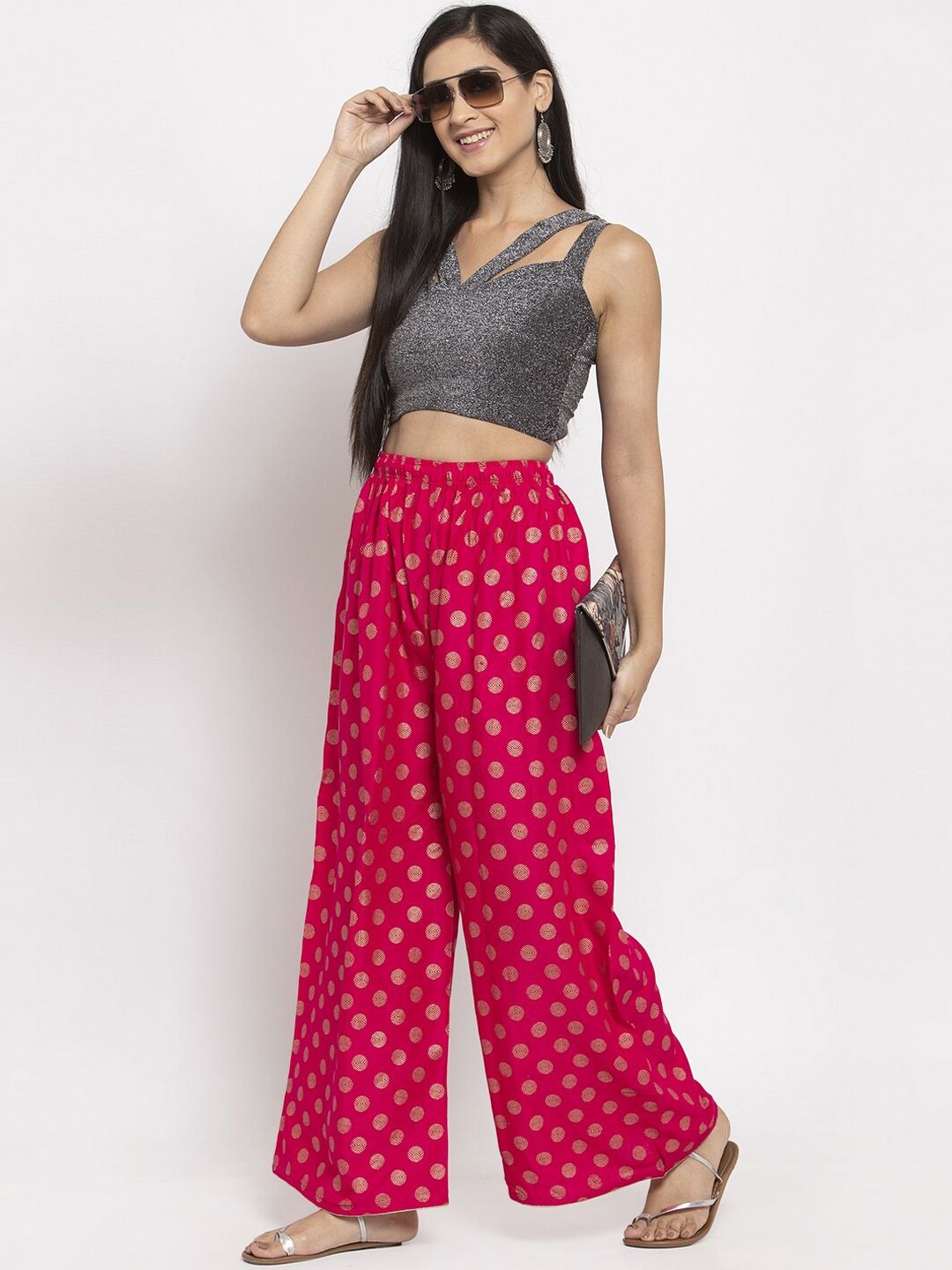 Dhimhi Women's Magenta Printed Wide Leg Palazzos