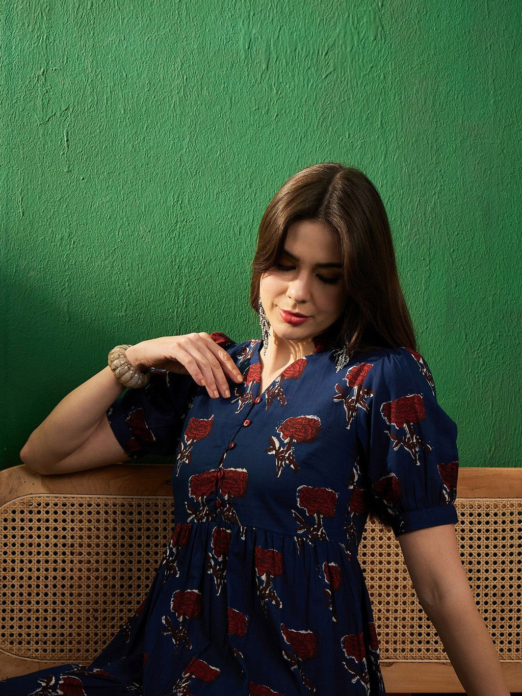Dhimhi Women's Floral Printed Pure Cotton Fit & Flare Mini Ethnic Dress