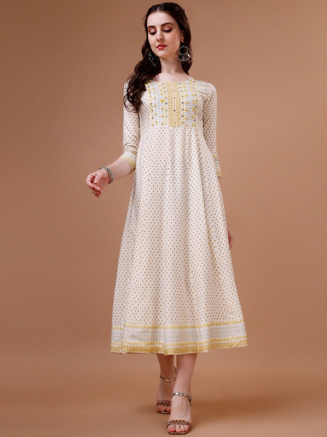 Dhimhi Women's Floral Printed Mirror Work Fit & Flare Midi Ethnic Dress