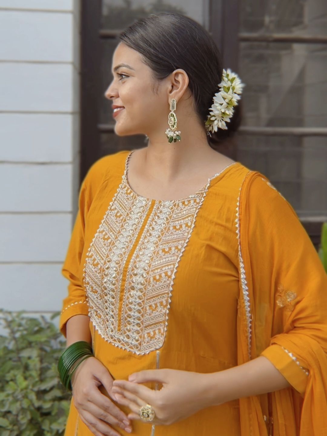 Dhimhi Women's Ethnic Motifs Embroidered Regular Gotta Patti Kurta with Palazzos & Dupatta