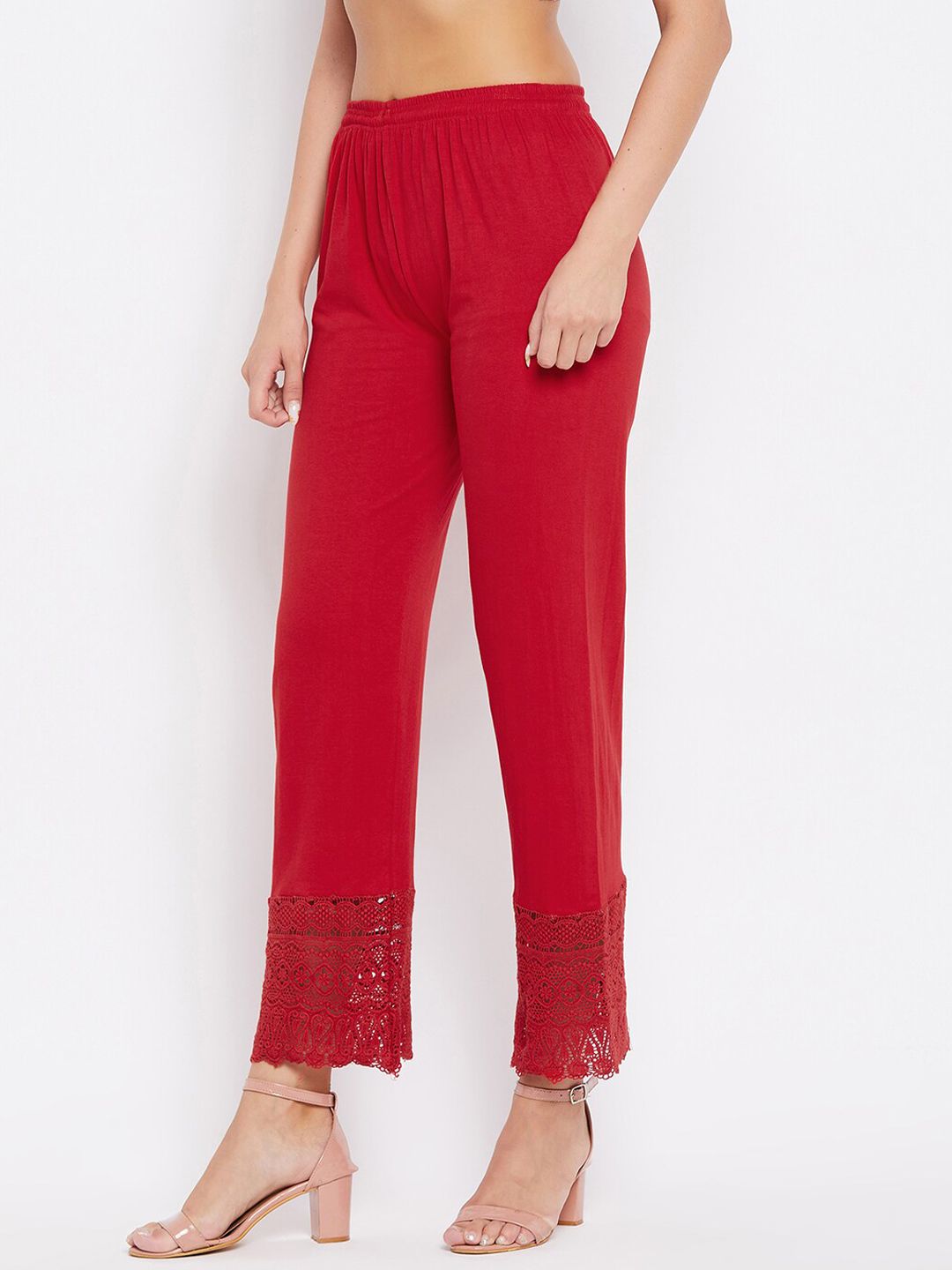 Dhimhi Women's Red Knitted Ethnic Straight Palazzos
