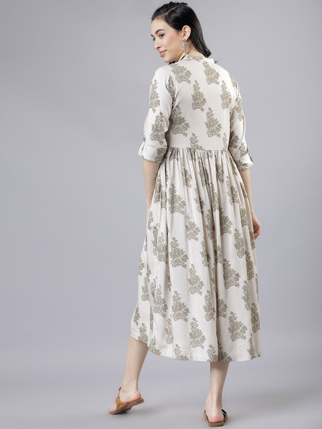 Dhimhi Women's Off-White & Green Floral Print A-Line Dress