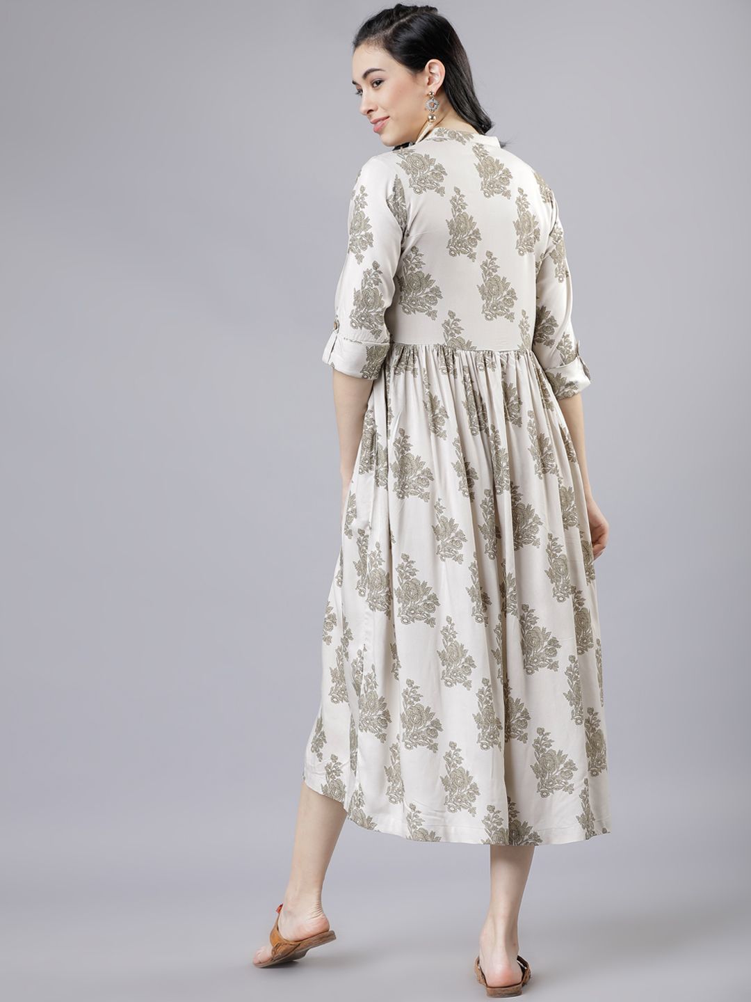 Dhimhi Women's Off-White & Green Floral Print A-Line Dress