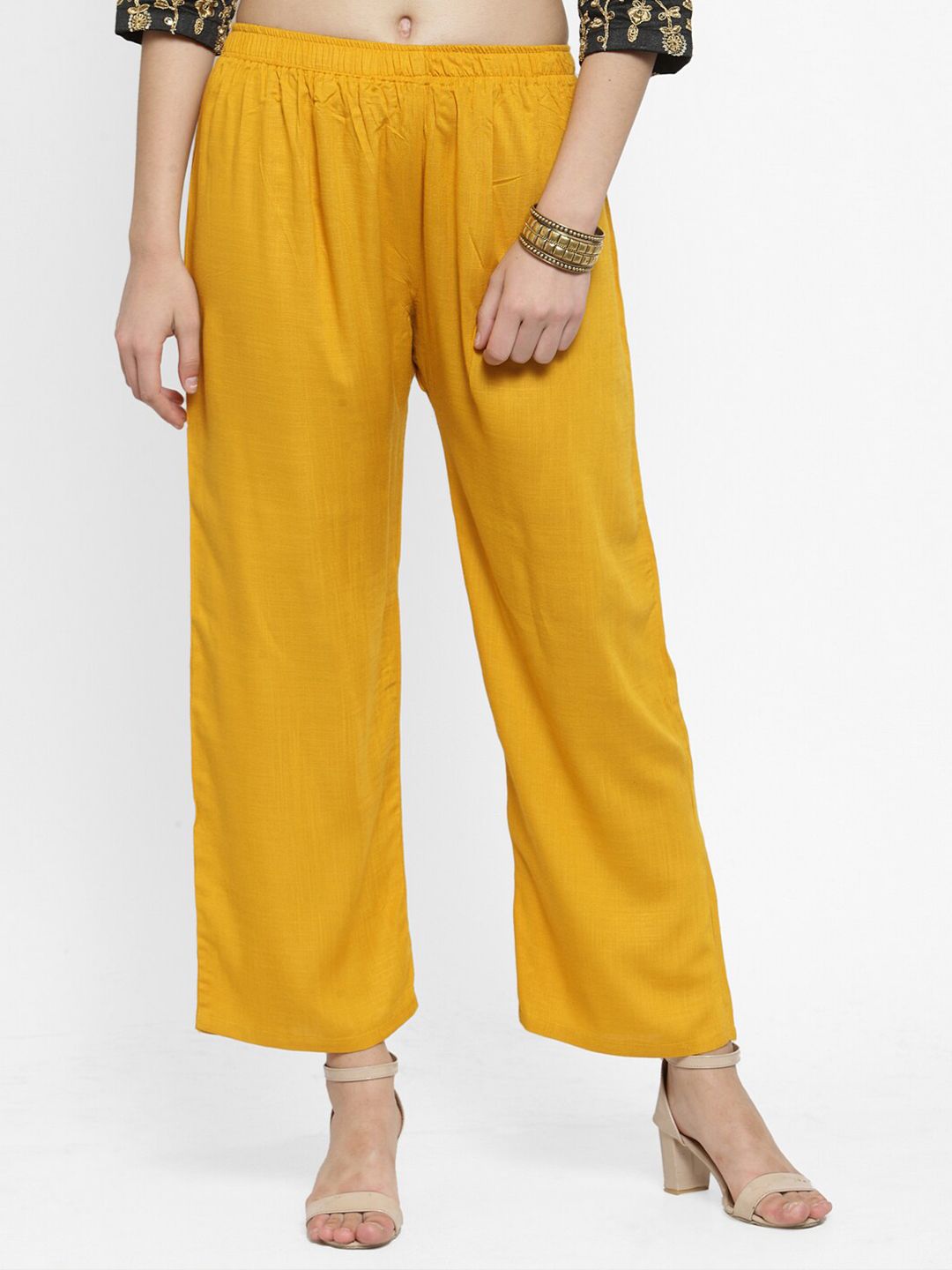 Dhimhi Women's Mustard Yellow Flared Ethnic Palazzos