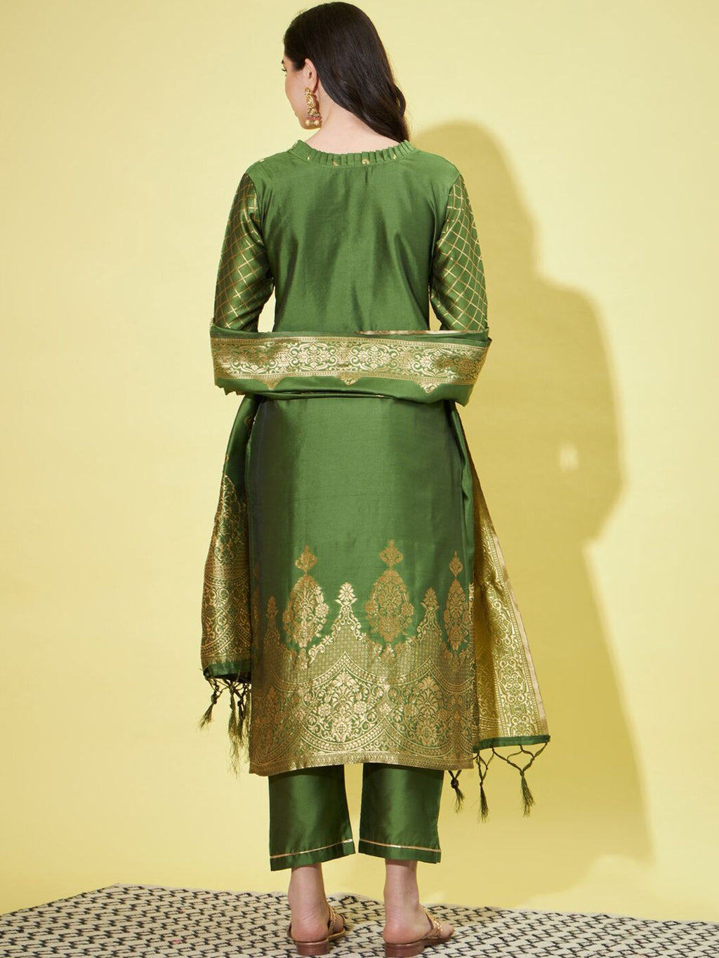 Dhimhi Women's Woven Design Jacquard Kurta with Trousers & With Dupatta