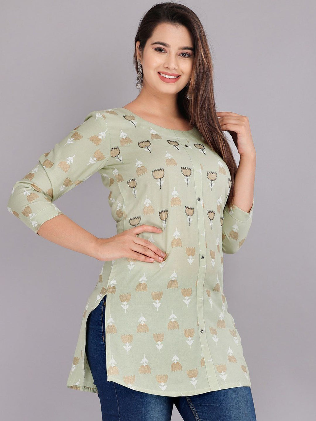 Dhimhi Women's Floral Printed Round Neck Longline Top