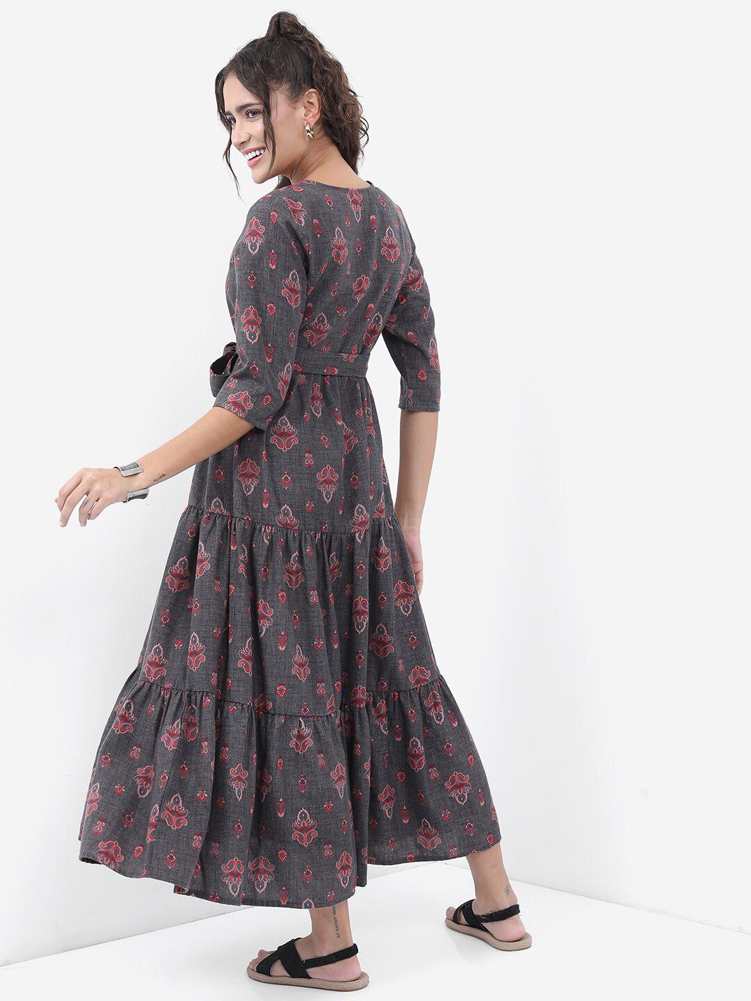 Dhimhi Women's Charcoal Ethnic Motif Printed Tiered Fit & Flare Midi Ethnic Dress