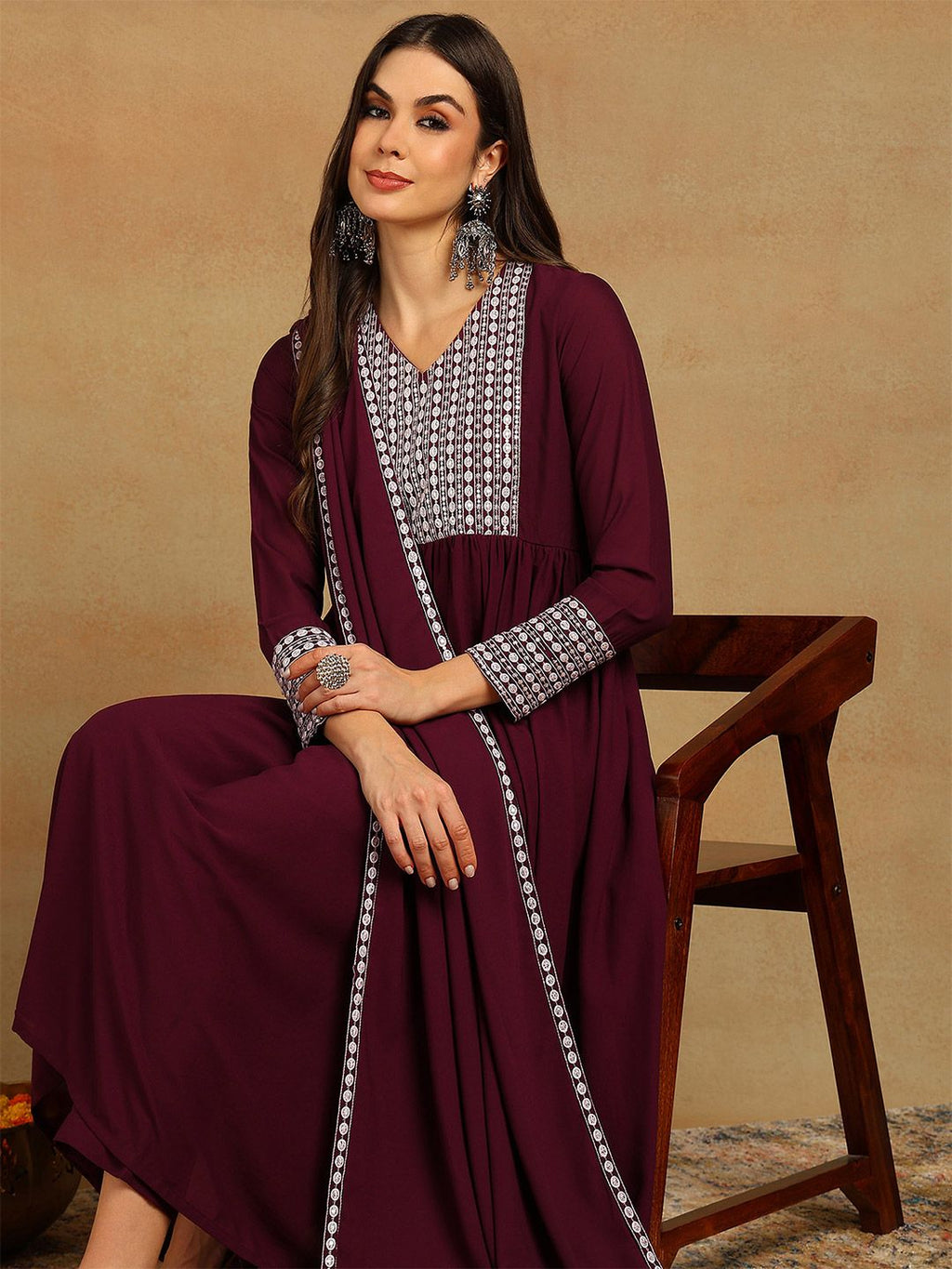 Dhimhi Women's Yoke Design V-Neck Thread Work Empire Kurta With Trouser & Dupatta