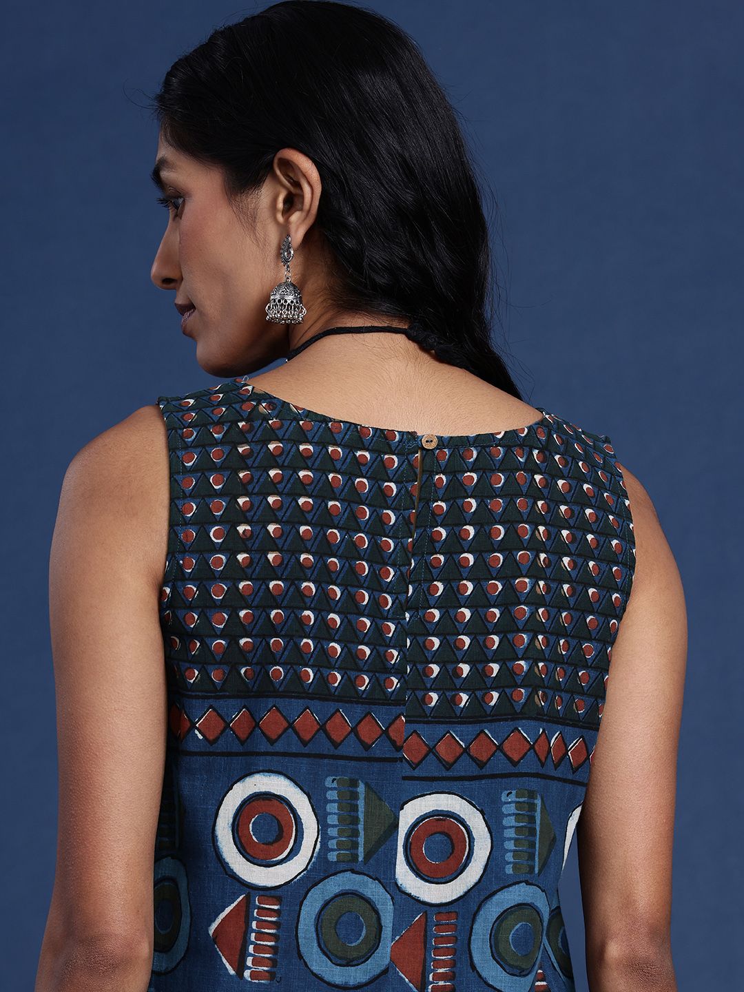 Dhimhi Women's Geometric Printed A-Line Indigo Ethnic Dress