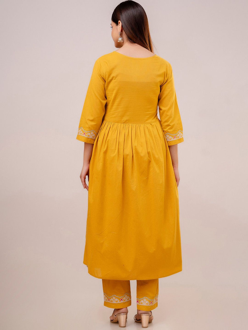 Dhimhi Women's Yellow Floral Embroidered Pure Cotton Empire Kurta With Trouser & Dupatta