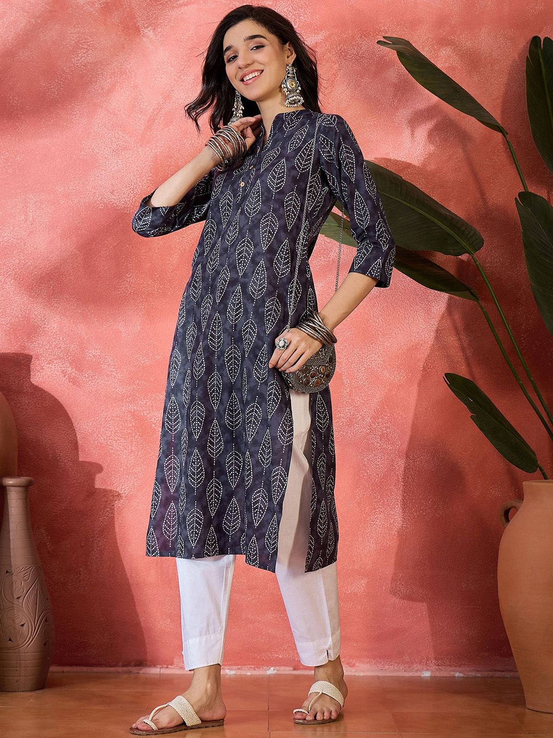 Floral Printed Mandarin Collar Pure Cotton A-Line Kurta