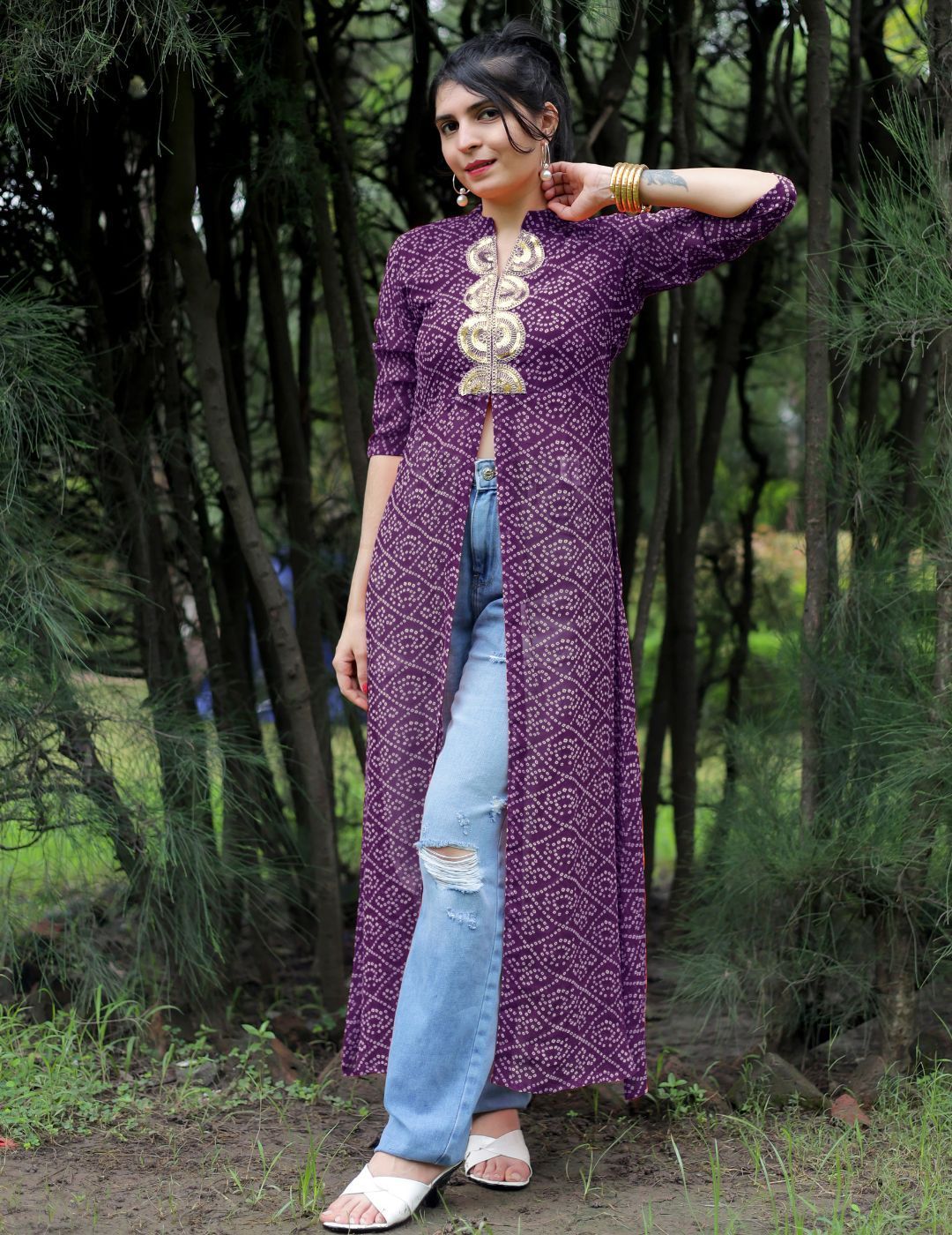 Bandhani Printed Mandarin Collar Sequins Front Slit Georgette A-Line Kurta