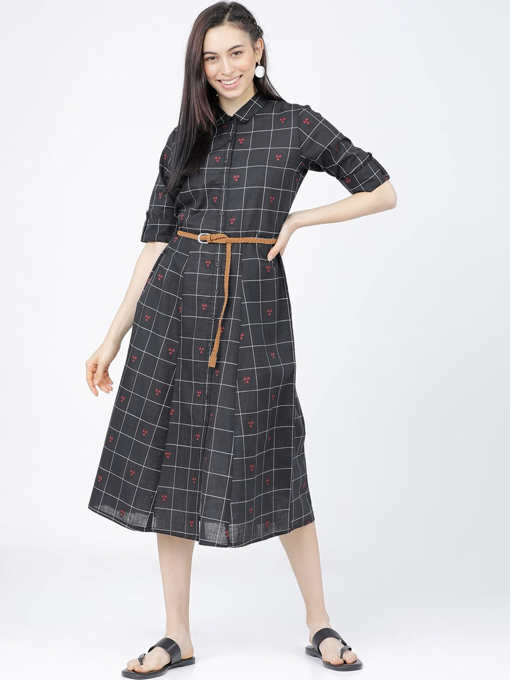 Dhimhi Women's Black & White Checked Shirt Midi Shirt Dress With Belt