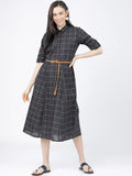 Dhimhi Women's Black & White Checked Shirt Midi Shirt Dress With Belt