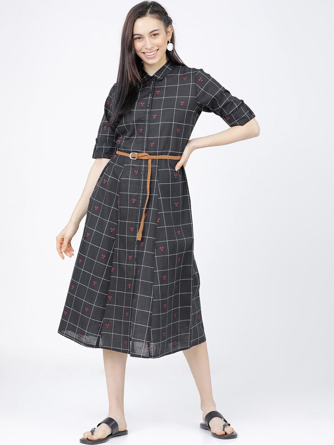 Dhimhi Women's Black & White Checked Shirt Midi Shirt Dress With Belt