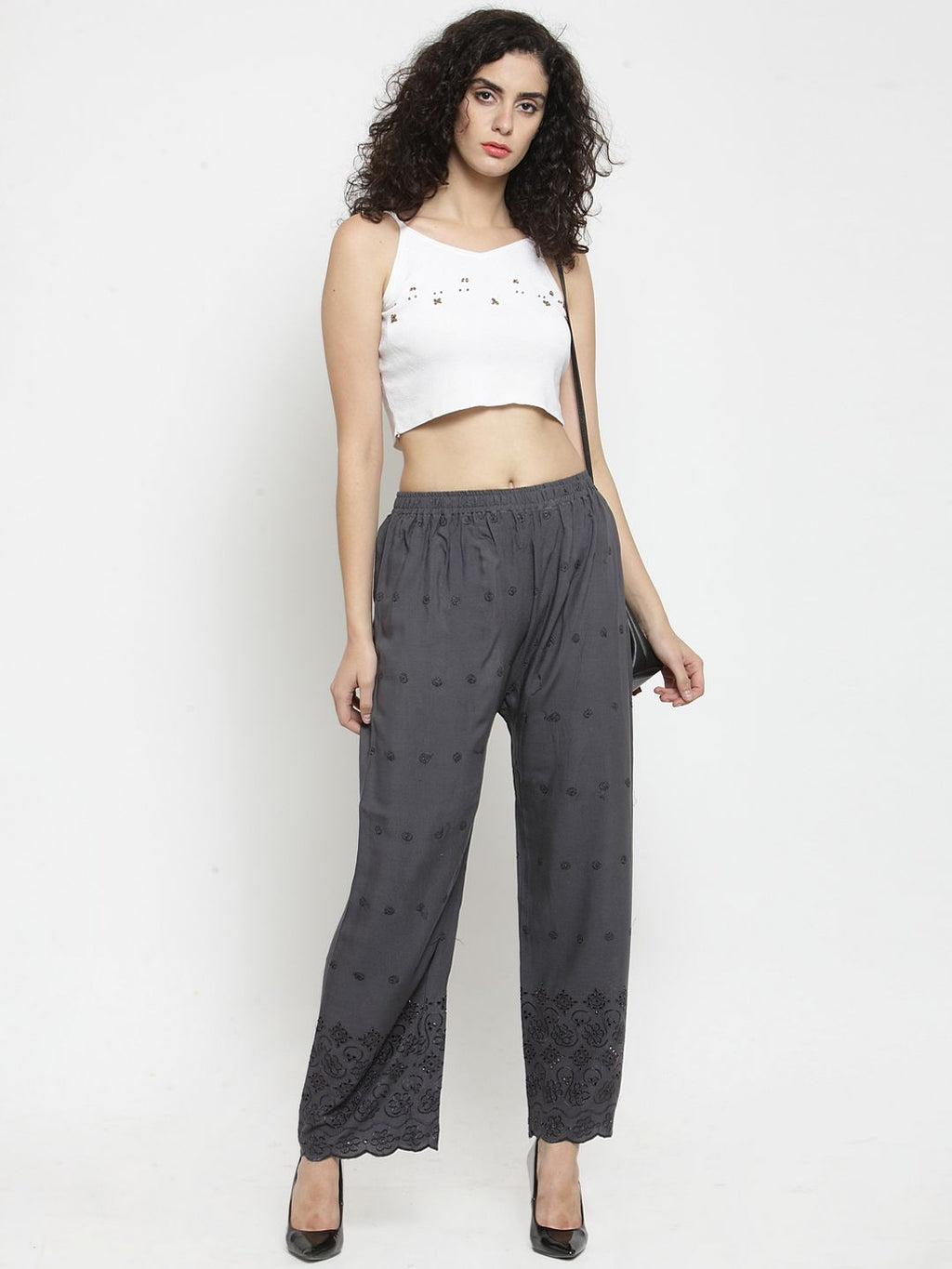 Dhimhi Women's Grey Straight Embroidered Palazzos