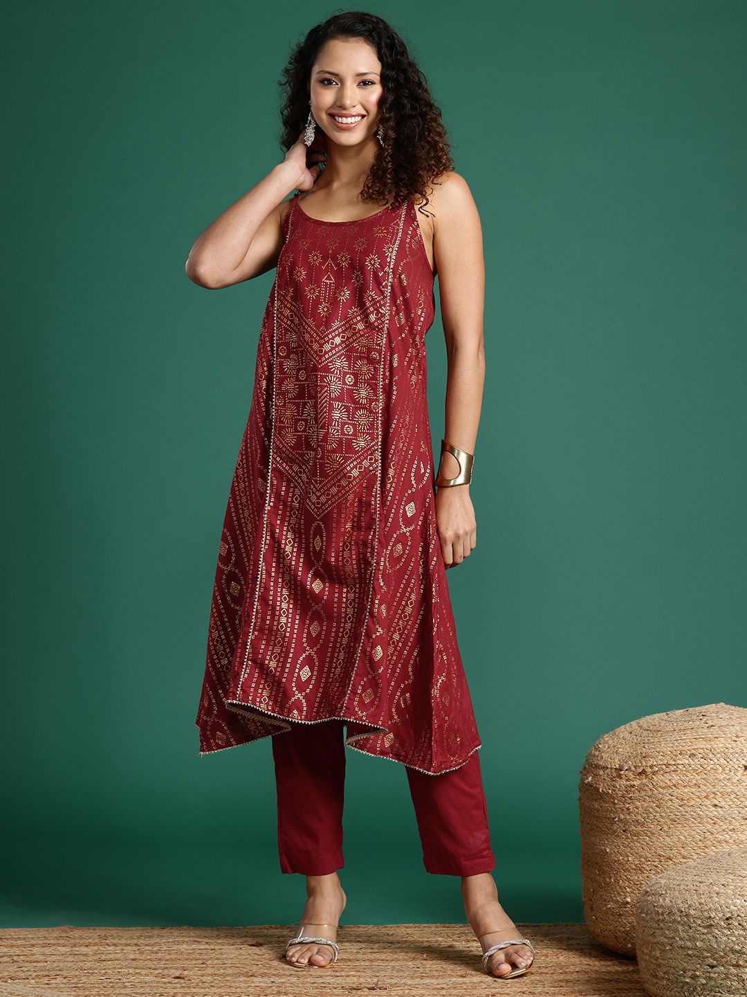 Dhimhi Women's Ethnic Foil Printed Shoulder Straps Pure Cotton Kurta Set