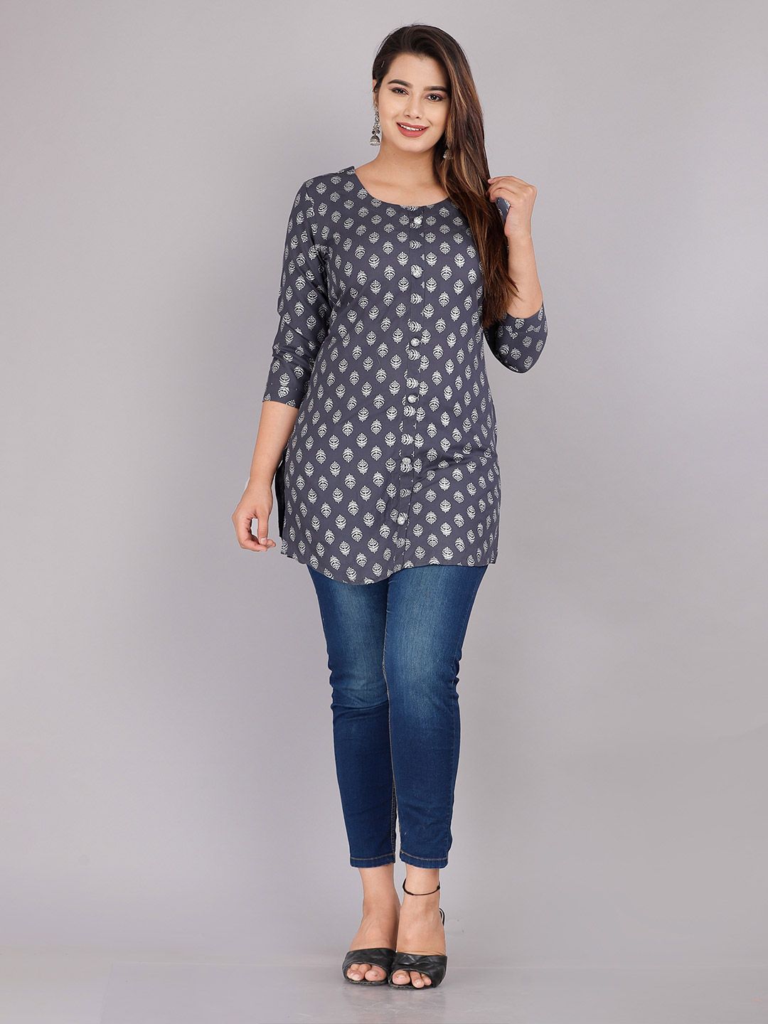 Dhimhi Women's Grey Print Viscose Rayon Longline Top