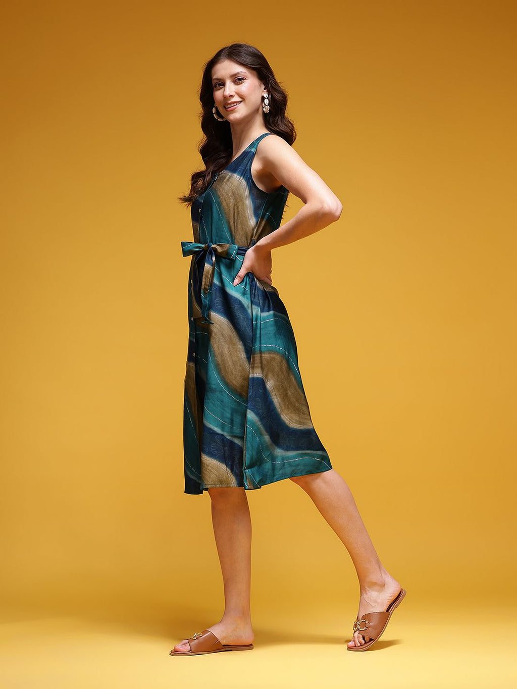 Dhimhi Women's Abstract Print Belted Shirt Dress