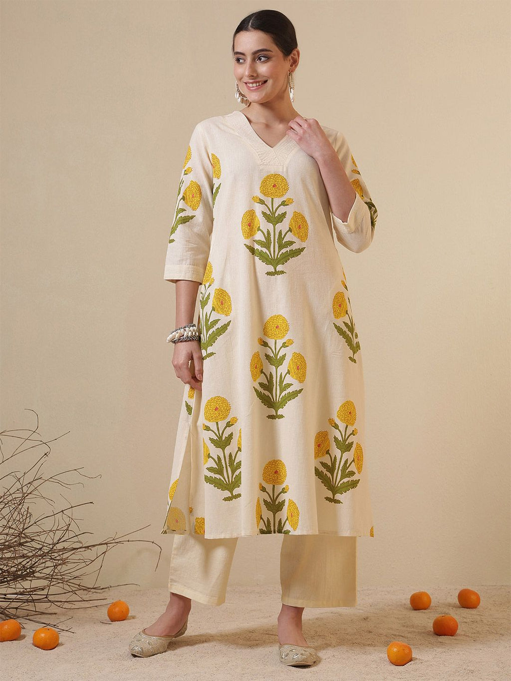 Dhimhi Women's Ethnic Motifs Printed Regular Pure Cotton Kurta with Palazzos Kurta Sets