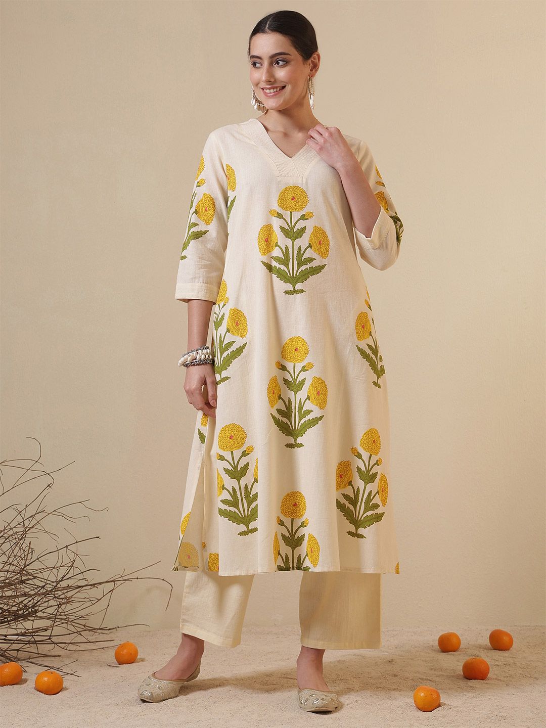 Dhimhi Women's Ethnic Motifs Printed Regular Pure Cotton Kurta with Palazzos Kurta Sets