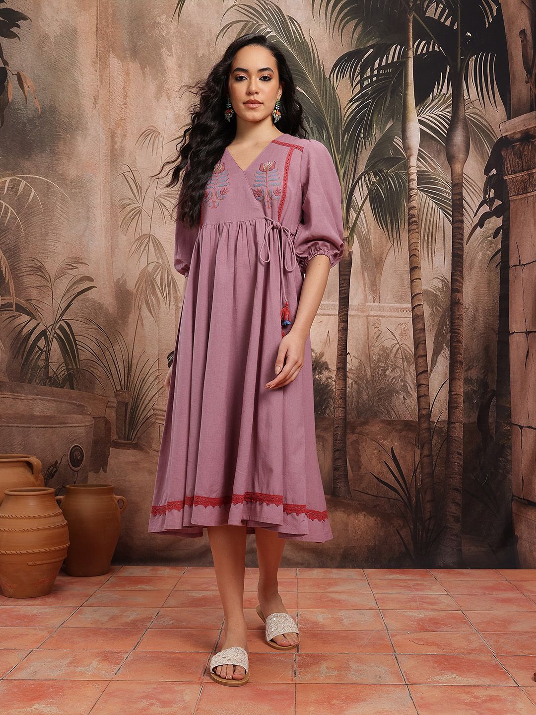 Dhimhi Women's Ethnic Motifs Embroidered Wrap-Style Ethnic Dress