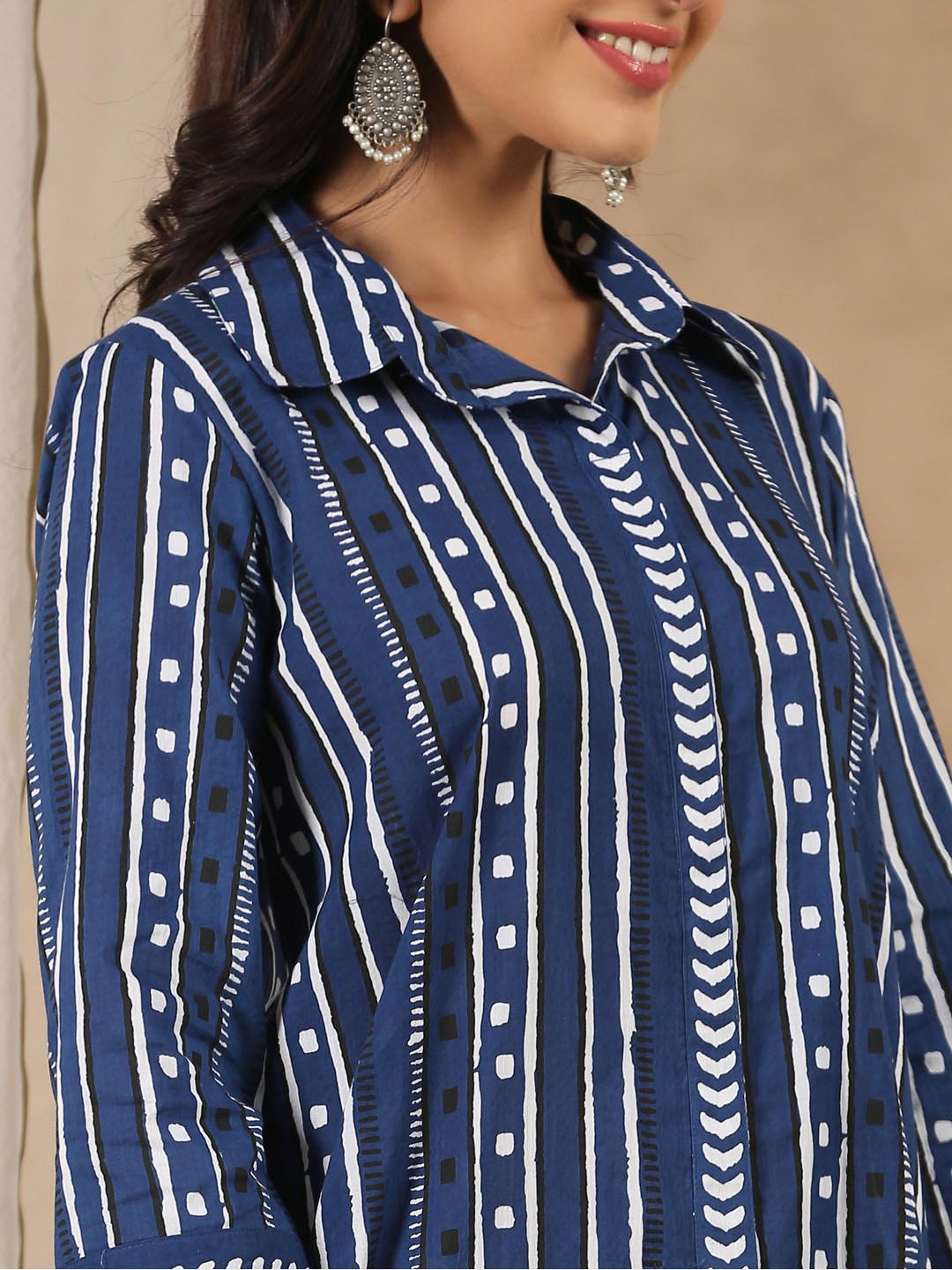 Shirt Collar Striped Pure Cotton A-Line Kurta