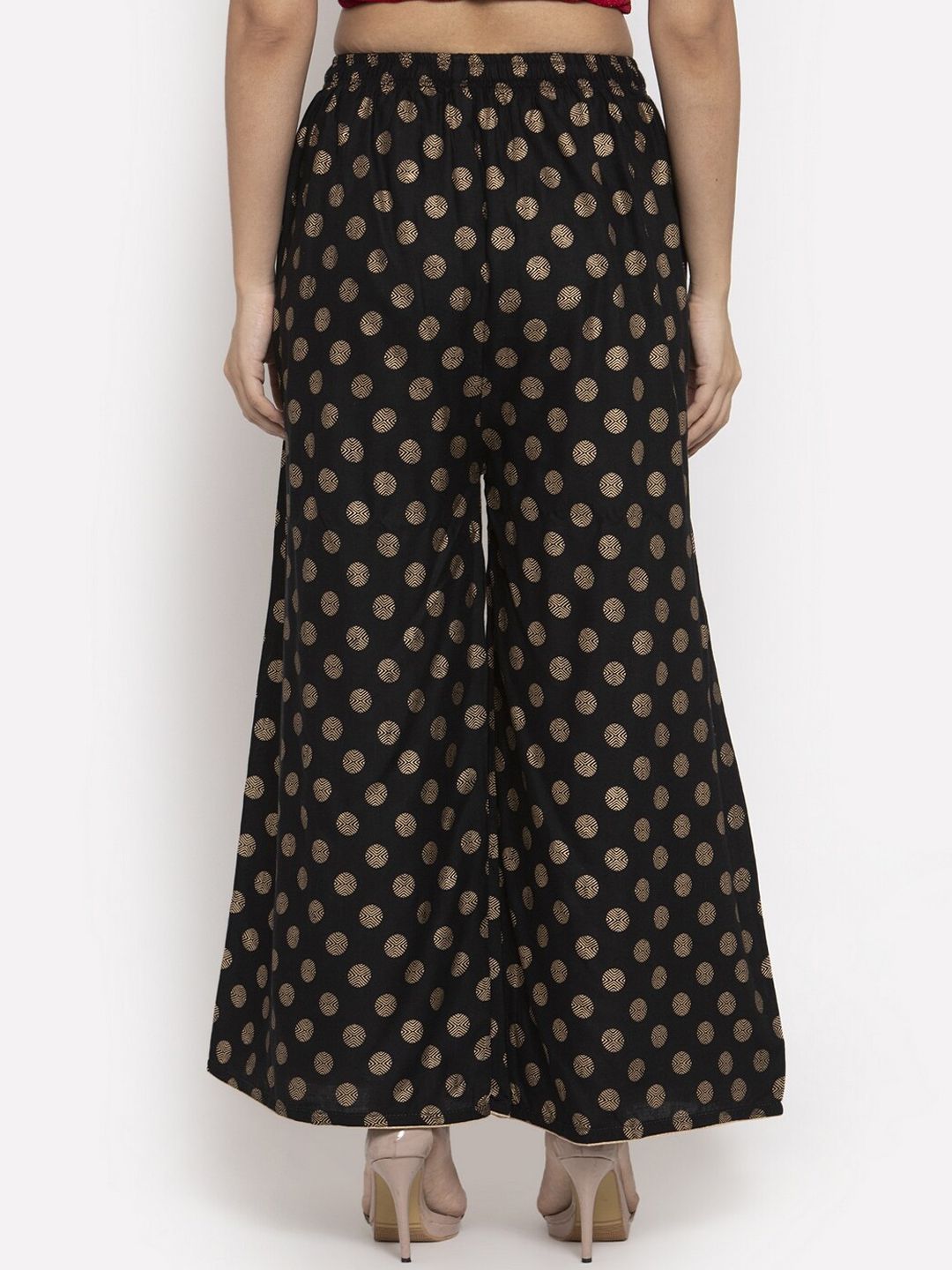 Dhimhi Women's Black & Gold-Toned Polka Dot Print Wide Leg Palazzos