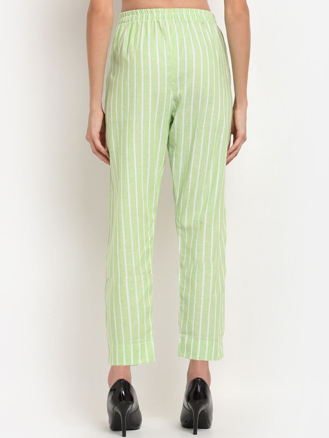 Dhimhi Women's Green & White Striped Cotton Palazzos