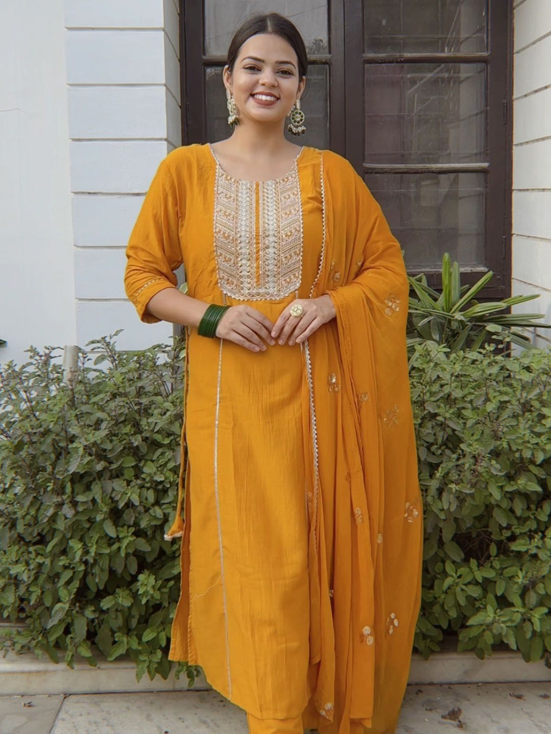 Dhimhi Women's Ethnic Motifs Embroidered Regular Gotta Patti Kurta with Palazzos & Dupatta