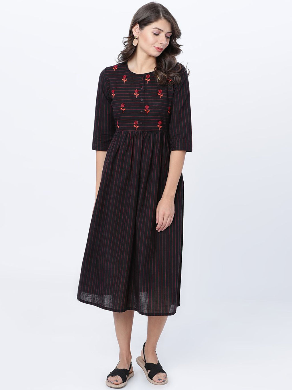 Dhimhi Women's Black & Red Striped Fit and Flare Dress
