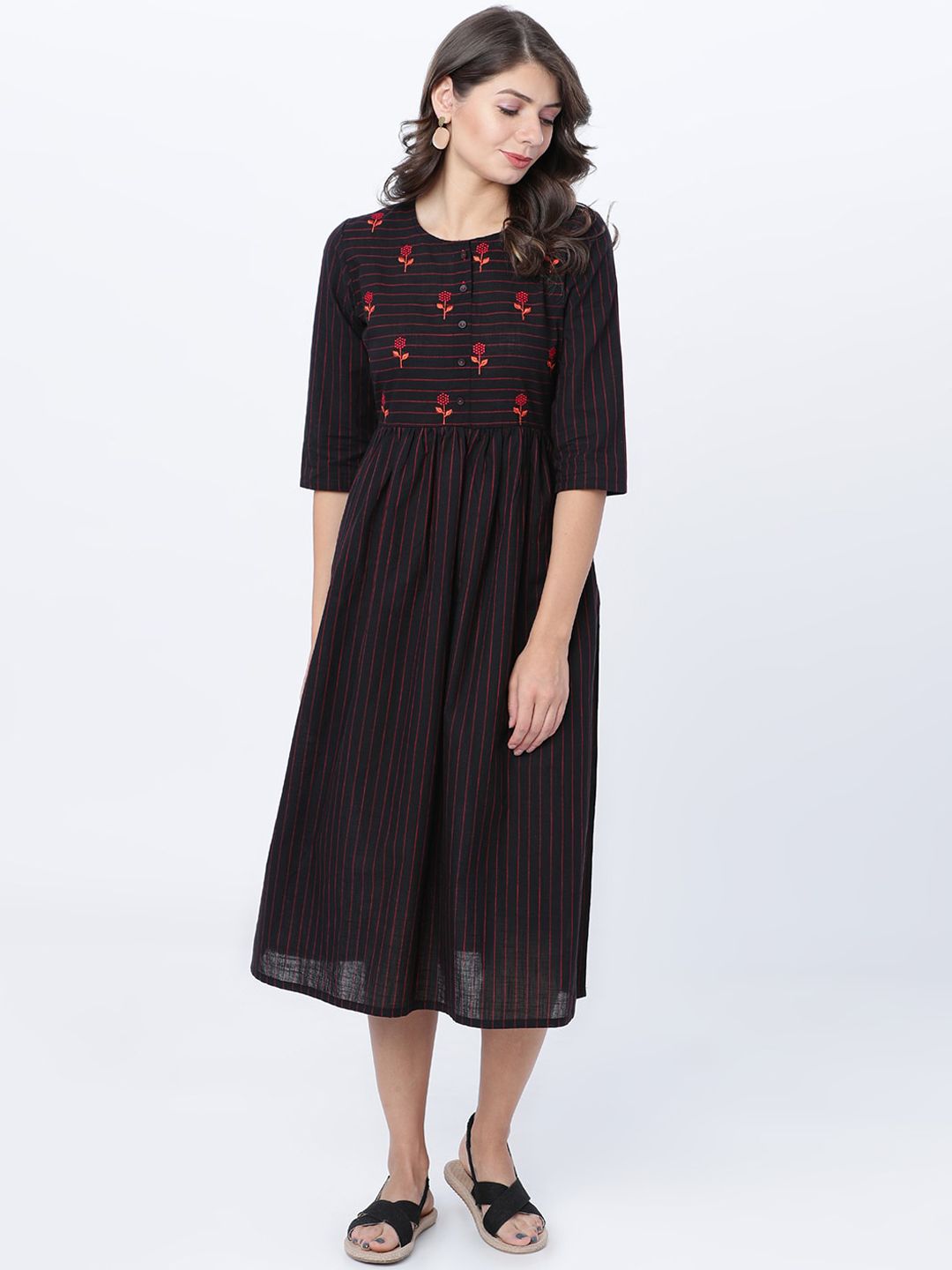 Dhimhi Women's Black & Red Striped Fit and Flare Dress