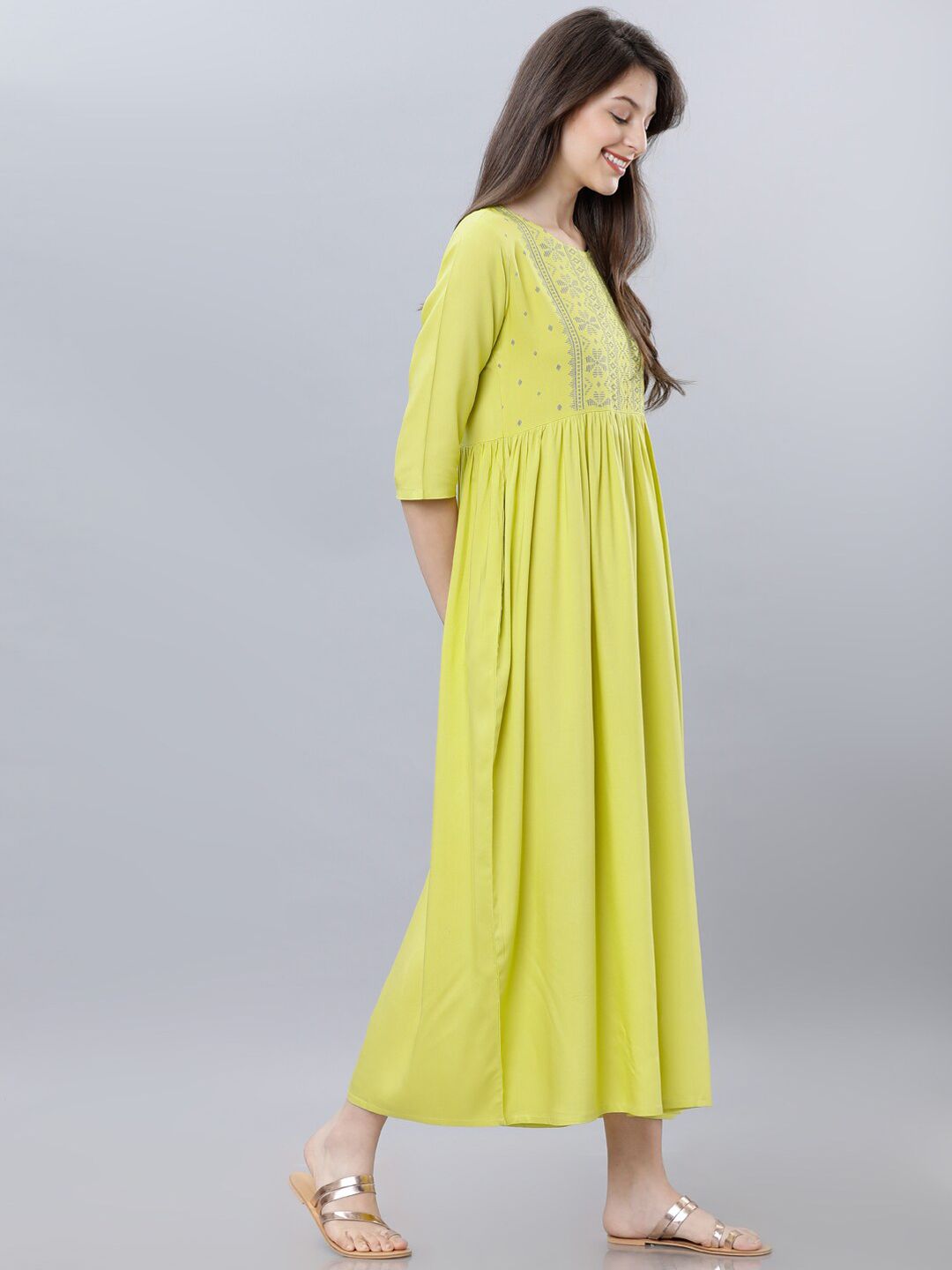 Dhimhi Women's Lime Green Embroidered Maxi Dress