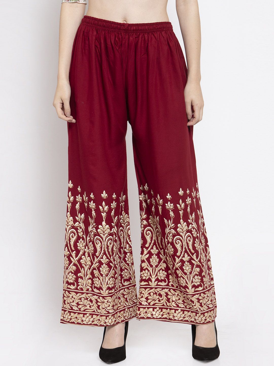 Dhimhi Women's Maroon Printed Wide Leg Palazzos
