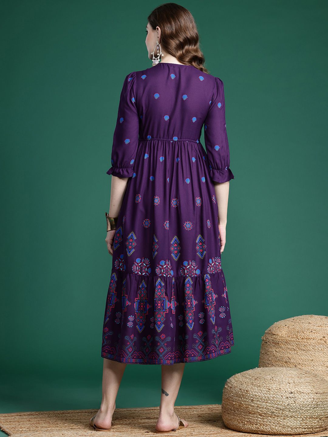 Dhimhi Women's Printed Gotta Patti Midi Empire Dress