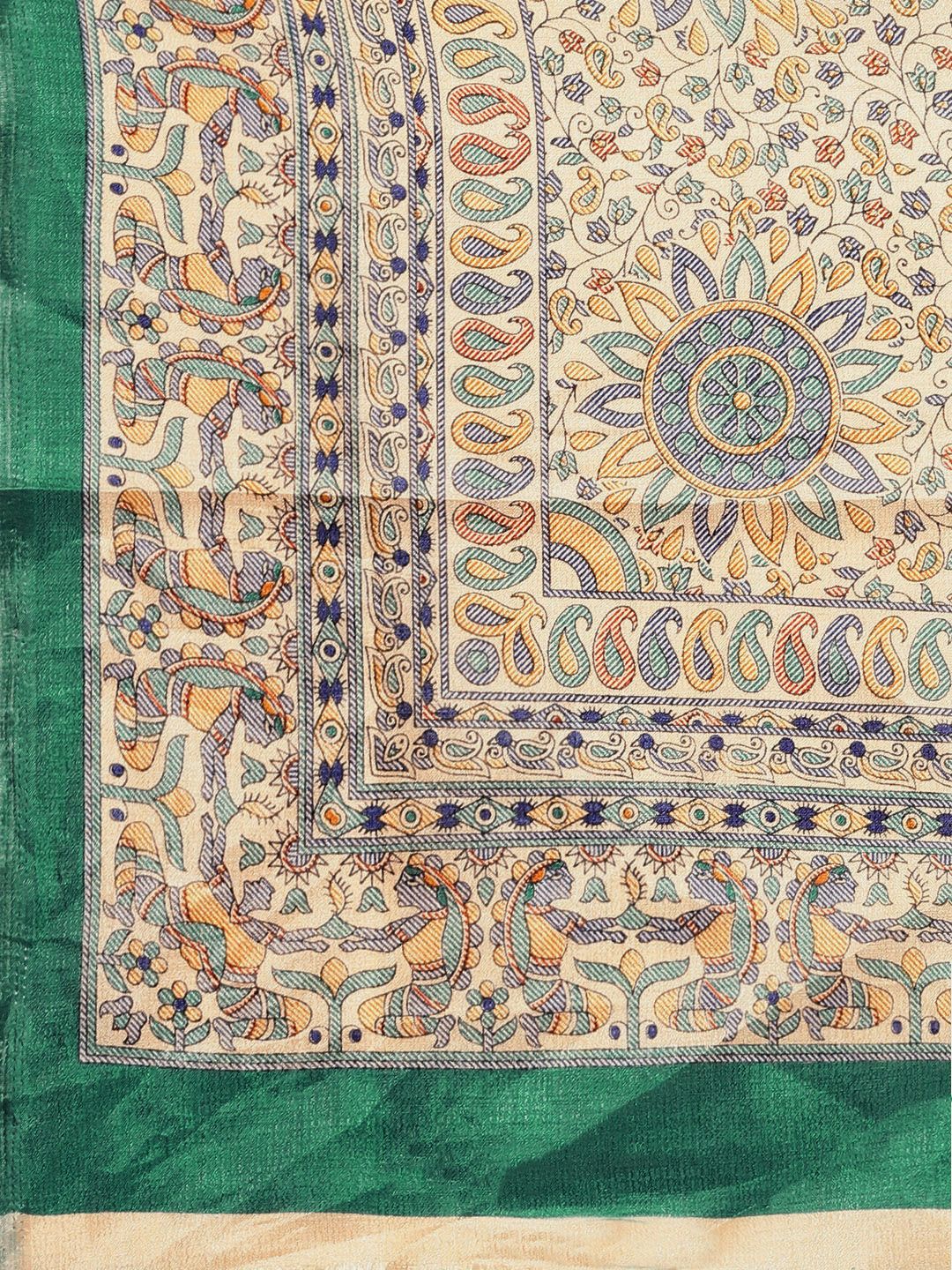 Dhimhi Women's Teal & Grey Ethnic Motifs Print Silk Blend Saree