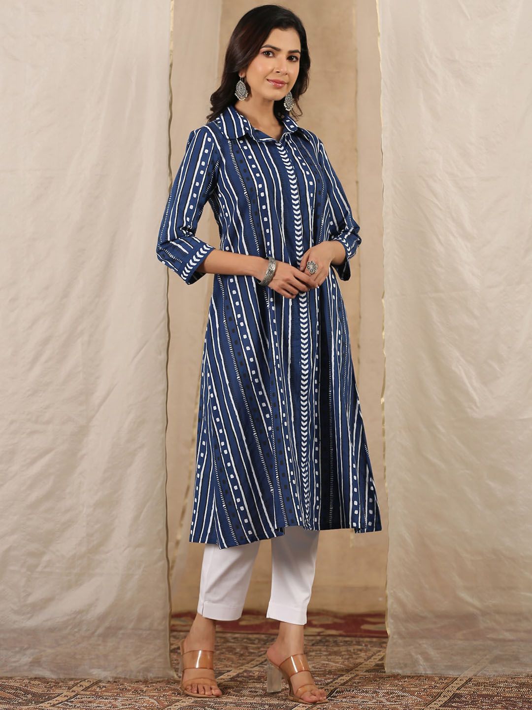 Shirt Collar Striped Pure Cotton A-Line Kurta