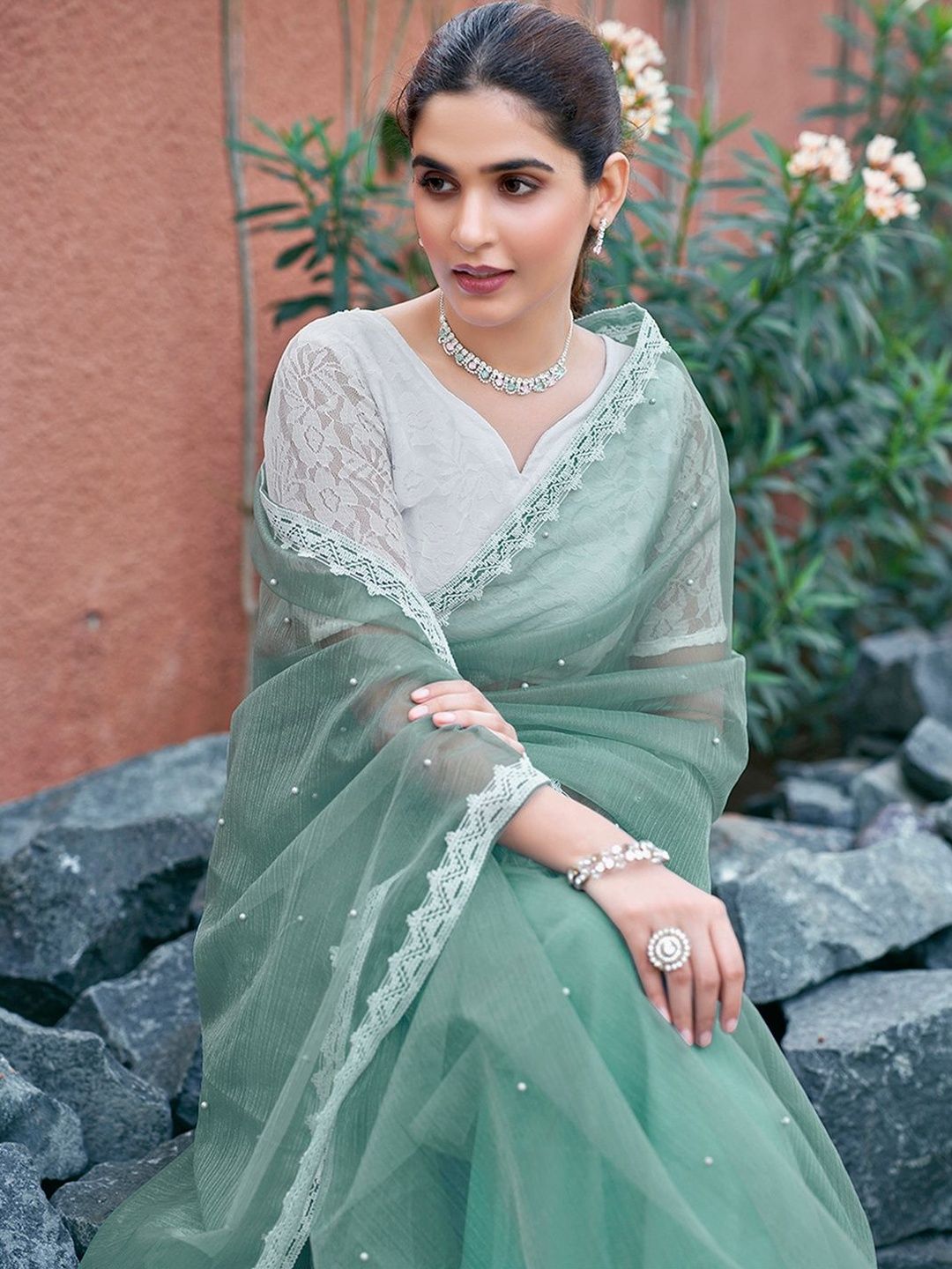 Dhimhi Women's Embellished Beads and Stones Supernet Designer Saree