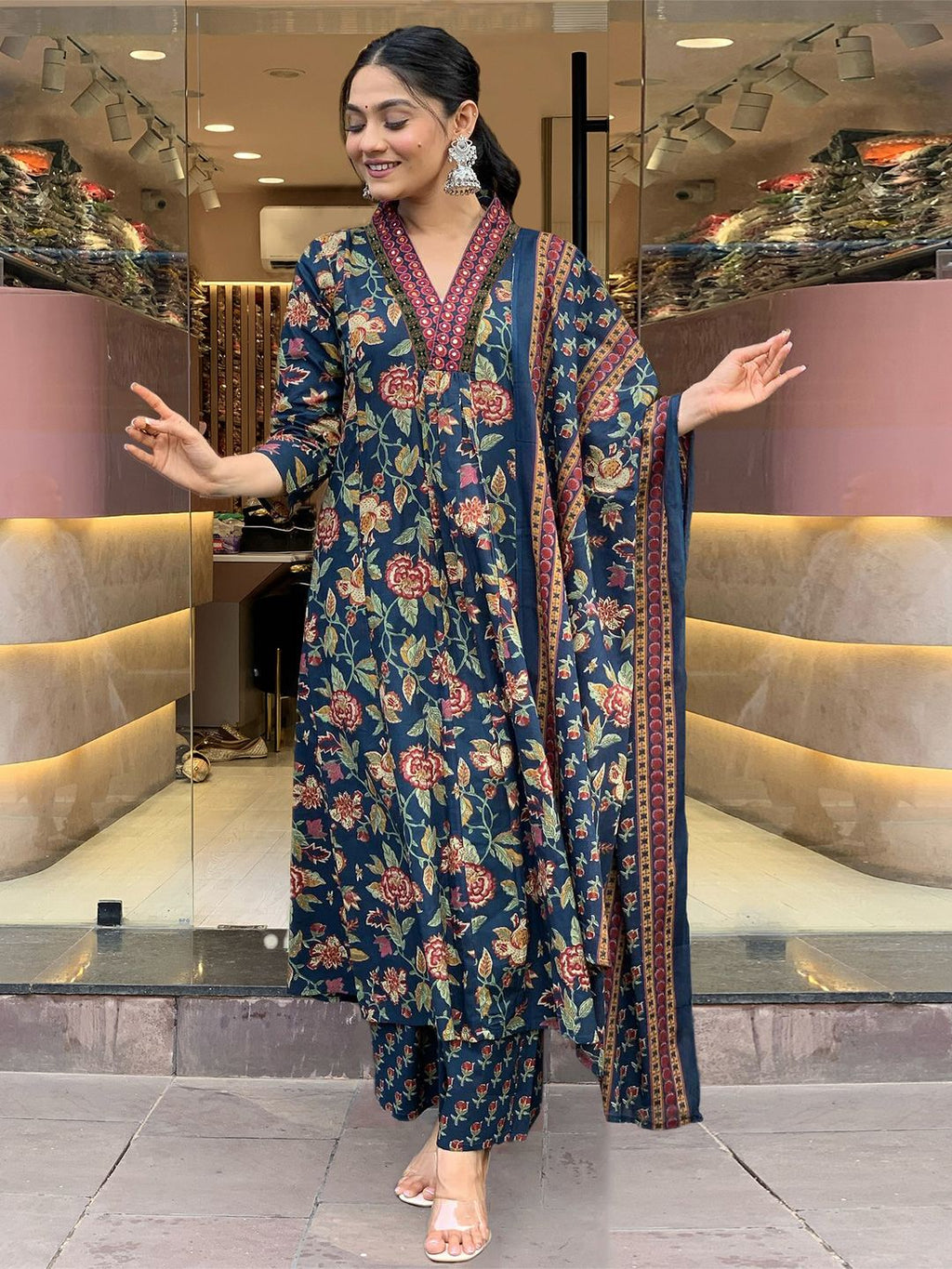 Dhimhi Women's Floral Printed V-Neck Anarkali Kurta with Palazzos & Dupatta