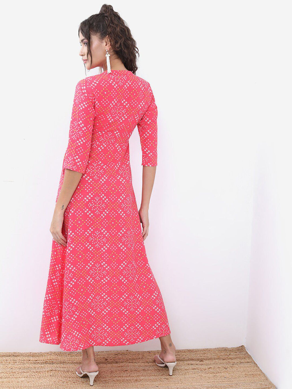 Dhimhi Women's Pink Bandhani Printed A-Line Maxi Ethnic Dress