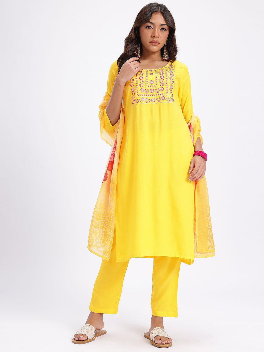 Dhimhi Women's Yoke Design Regular Mirror Work Kurta with Trousers & Dupatta