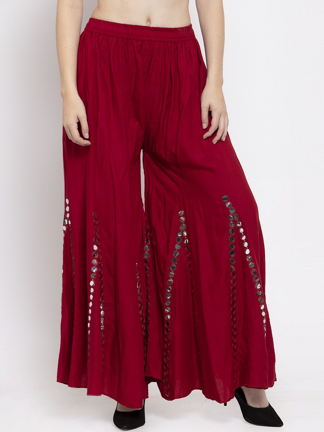 Dhimhi Women's Maroon Embellished Flared Palazzos