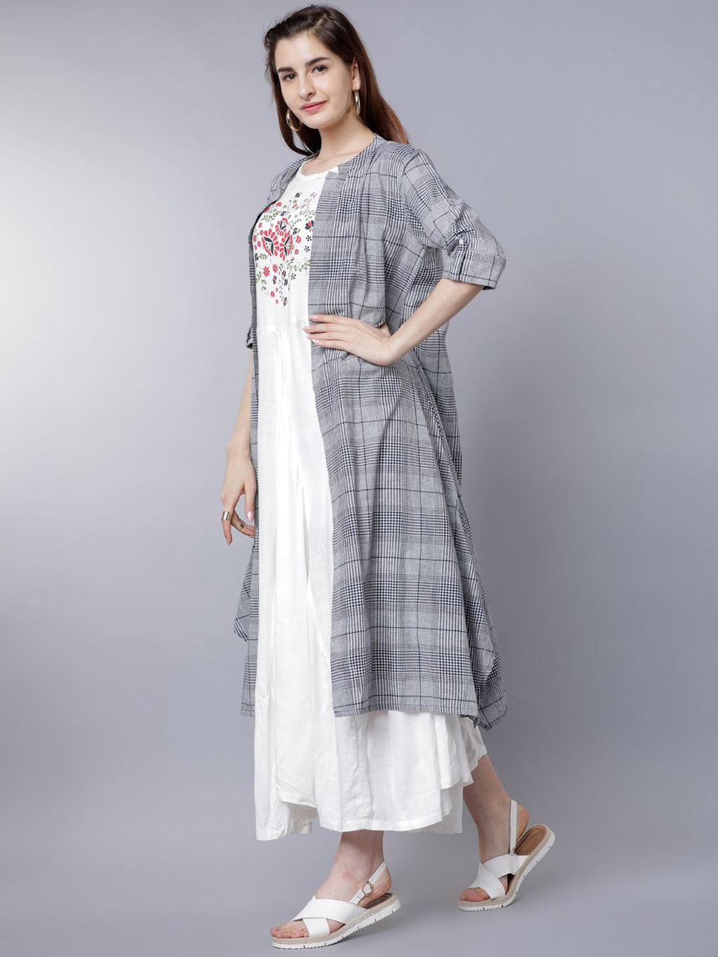 Dhimhi Women's White & Navy Blue Floral Layered Ethnic A-Line Maxi Dress With Jacket
