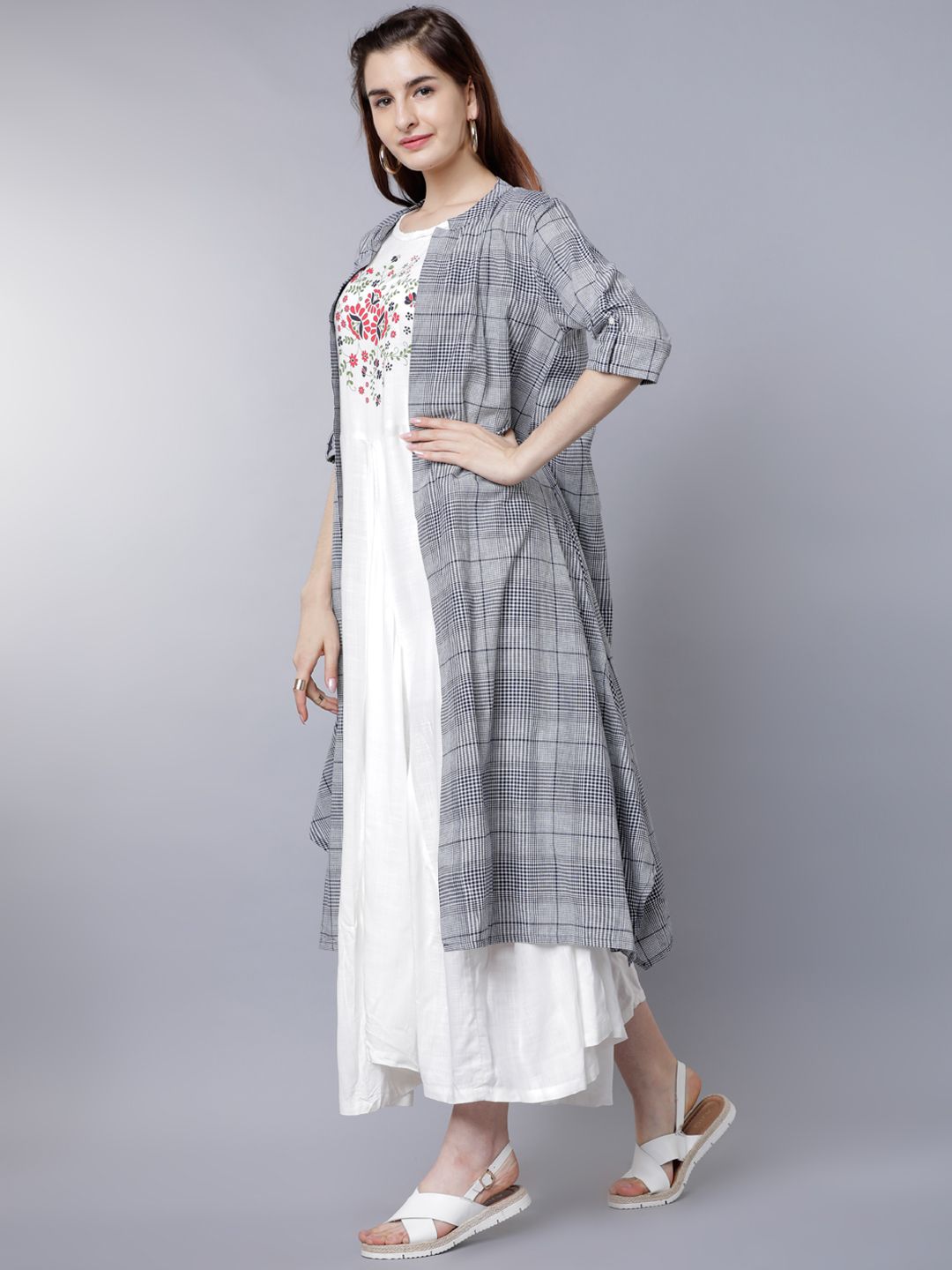 Dhimhi Women's White & Navy Blue Floral Layered Ethnic A-Line Maxi Dress With Jacket