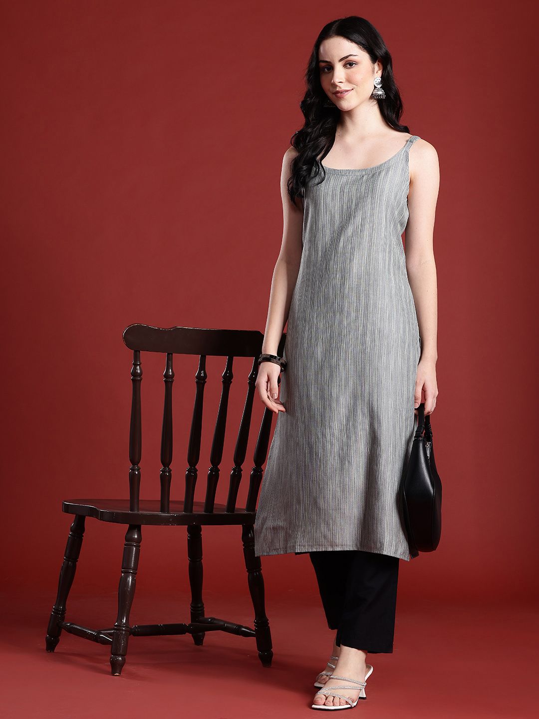Shoulder Straps Striped Straight Kurta