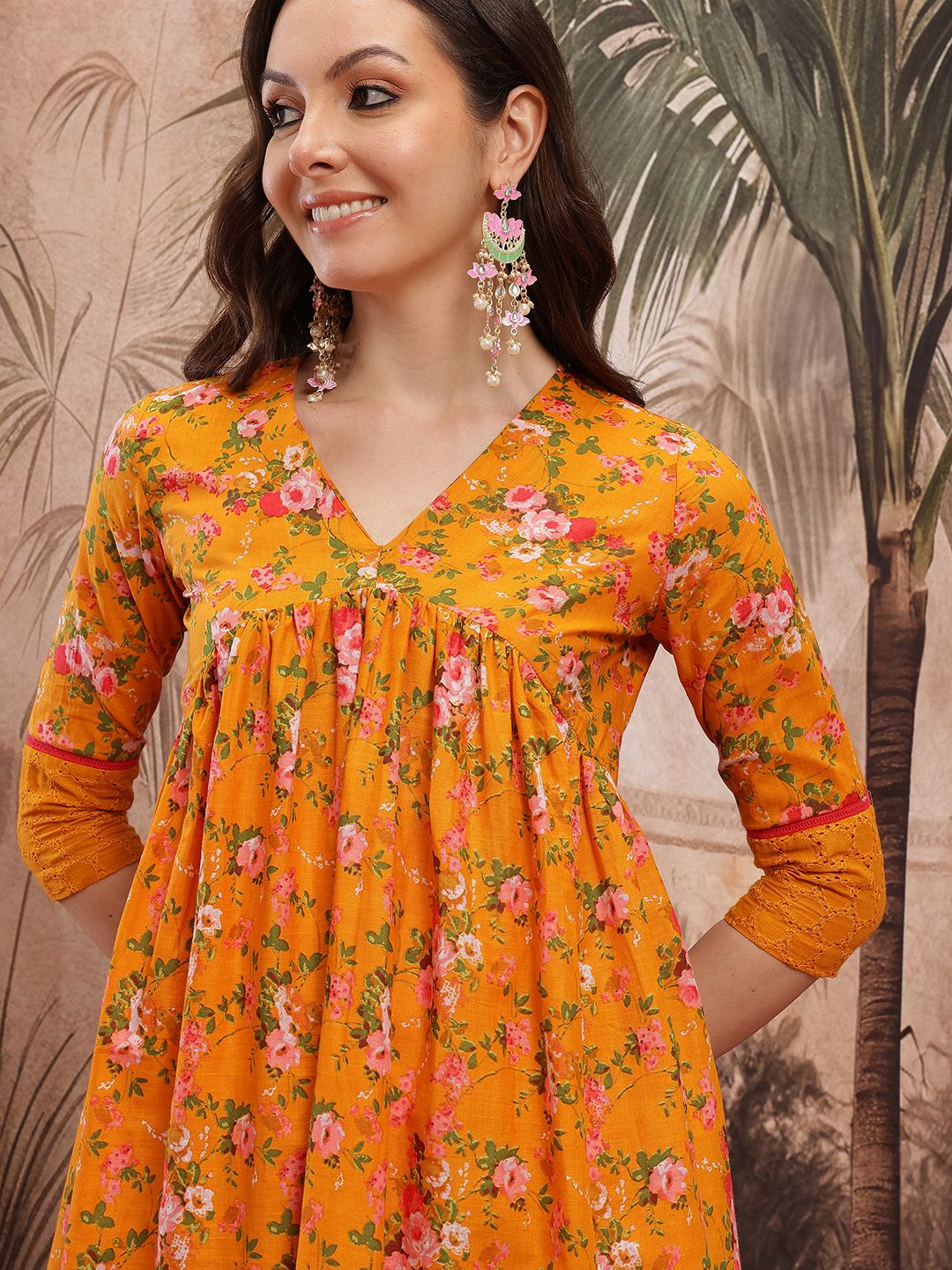 Dhimhi Women's Floral Printed Empire Schiffli Cotton Kurta with Trousers