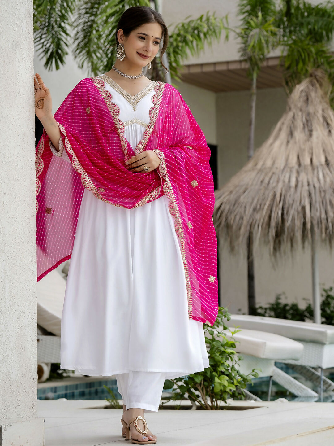 Dhimhi Women's White Women's Gorgeous Embroidered Chanderi Fabric Straight Kurta, Pant and Dupatta Set