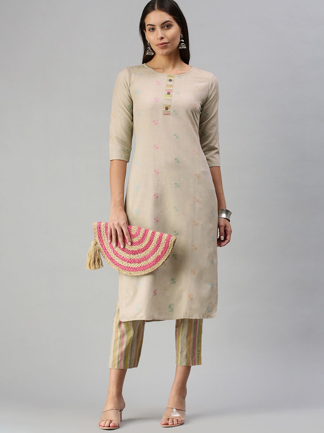 Dhimhi Women's Beige Pure Cotton Kurta with Trousers